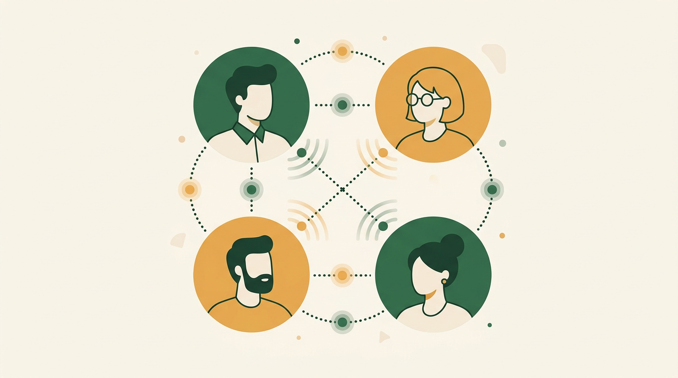 Illustration of team members connected by dotted lines showing real-time collaboration