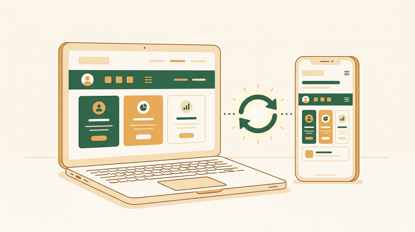 Illustration of laptop and smartphone showing synchronized VetEcho interface
