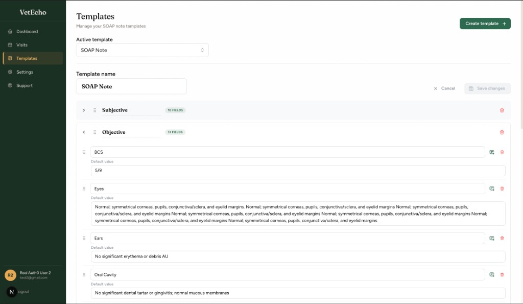 VetEcho template builder showing customizable SOAP note sections with drag-and-drop fields