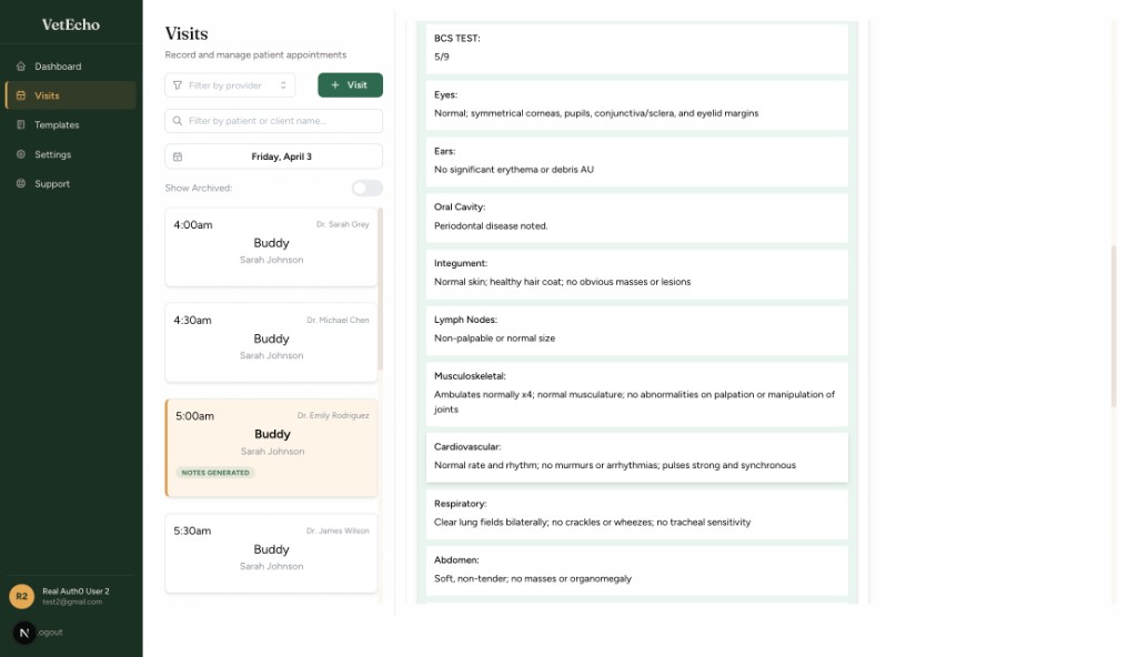 VetEcho visits screen showing AI-generated SOAP notes with clinical examination fields
